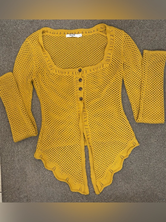 naked wardrobe Sweaters - naked wardrobe Mustard Yellow Open-Weave Button Front Cardigan size medium